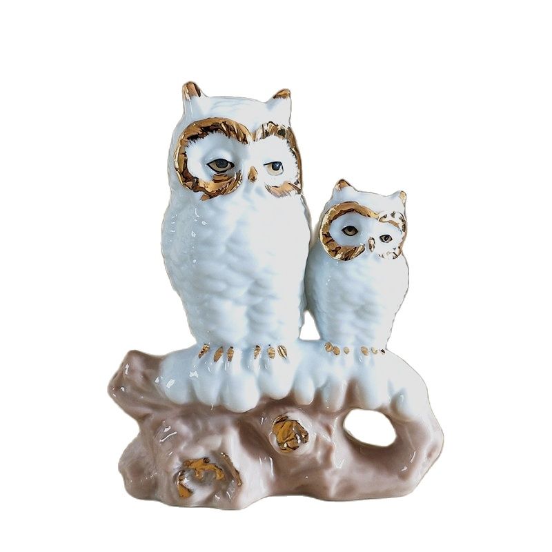 Art And Craft For Mother'S Day - Gilt Porcelain Mother Owl Figurine Handmade